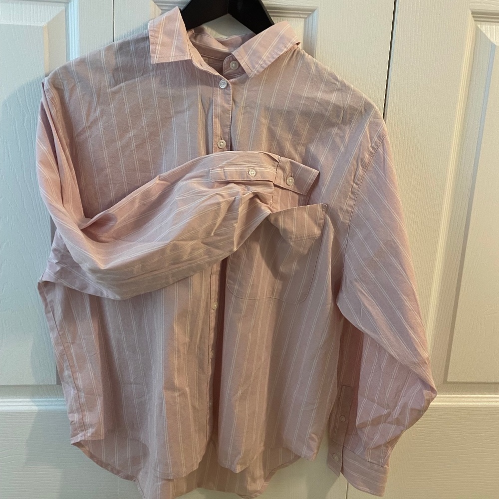 Women's Long Sleeve Oversized Button-down (Pink w/ white stripes)